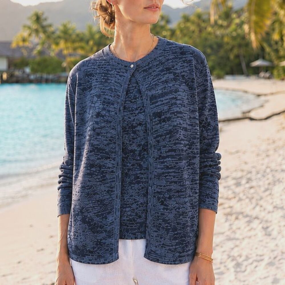 J McLaughlin Linen Blend Cardigan Tank Set L M Blue Space Dye Knit Layer Coastal